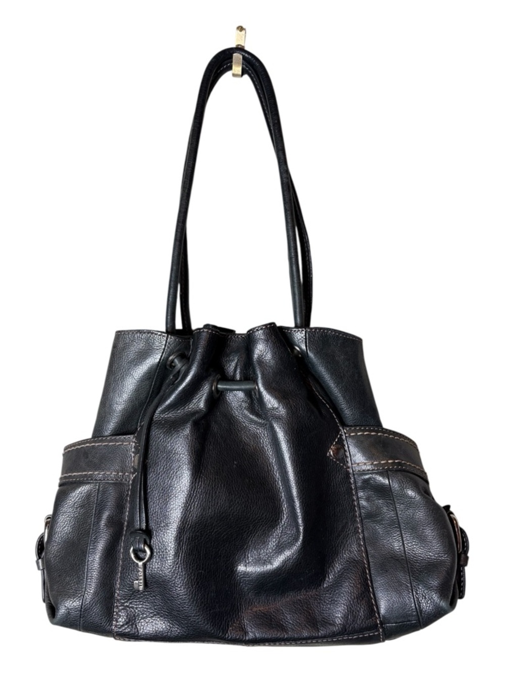 Fossil Womens Black Leather Bag Drawstring Hobo Side Pockets Magnetic Closure